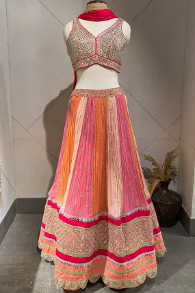 310058 Peach Lehnga With Mirror Work Embroidery