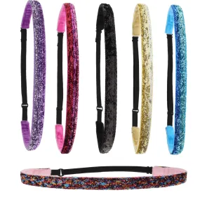 Adjustable No Slip Thin Glitter Headbands - 6 Pack