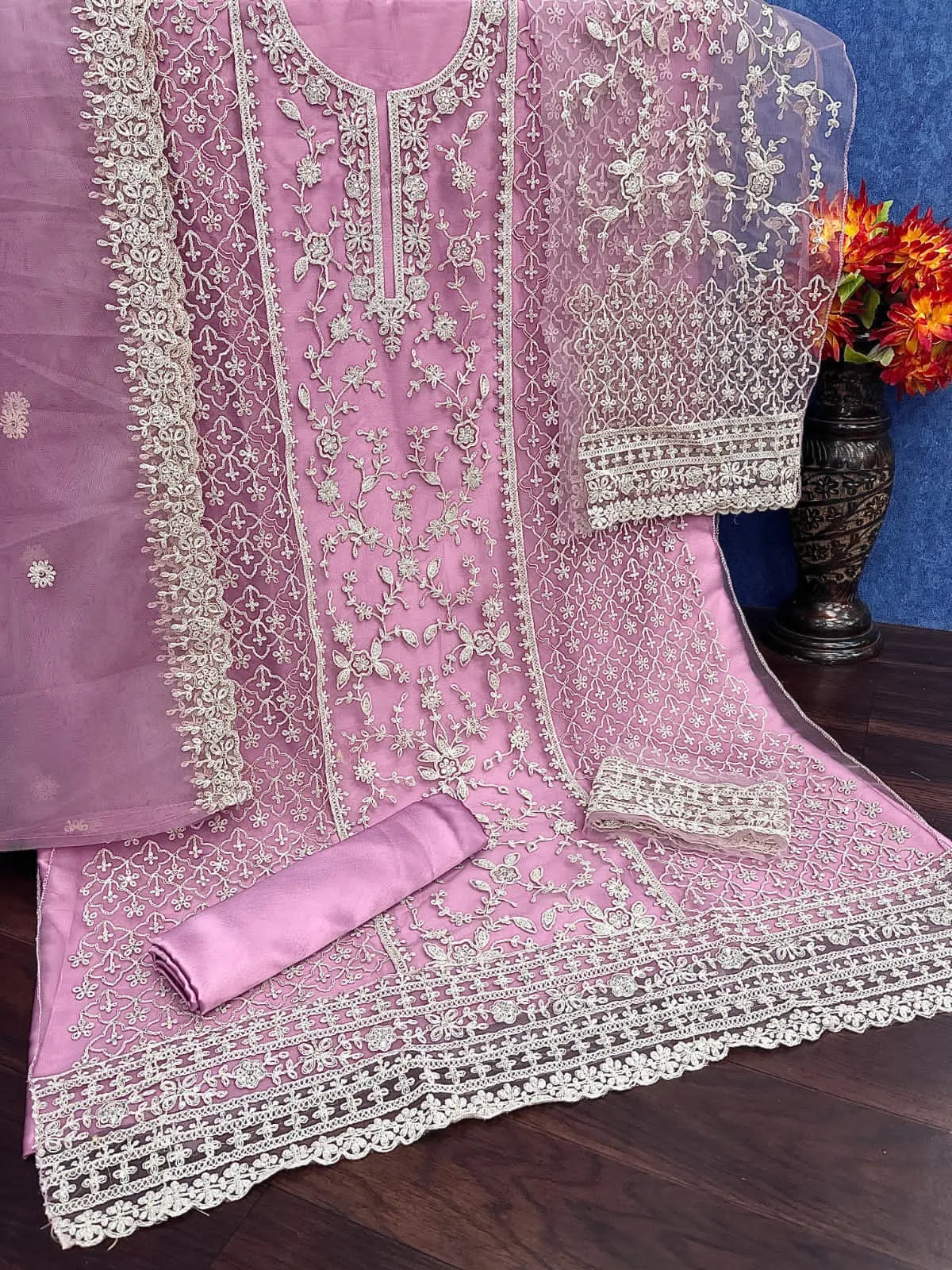 Alluring Light Pink Color Embroidered Net Beautiful Palazzo Suit