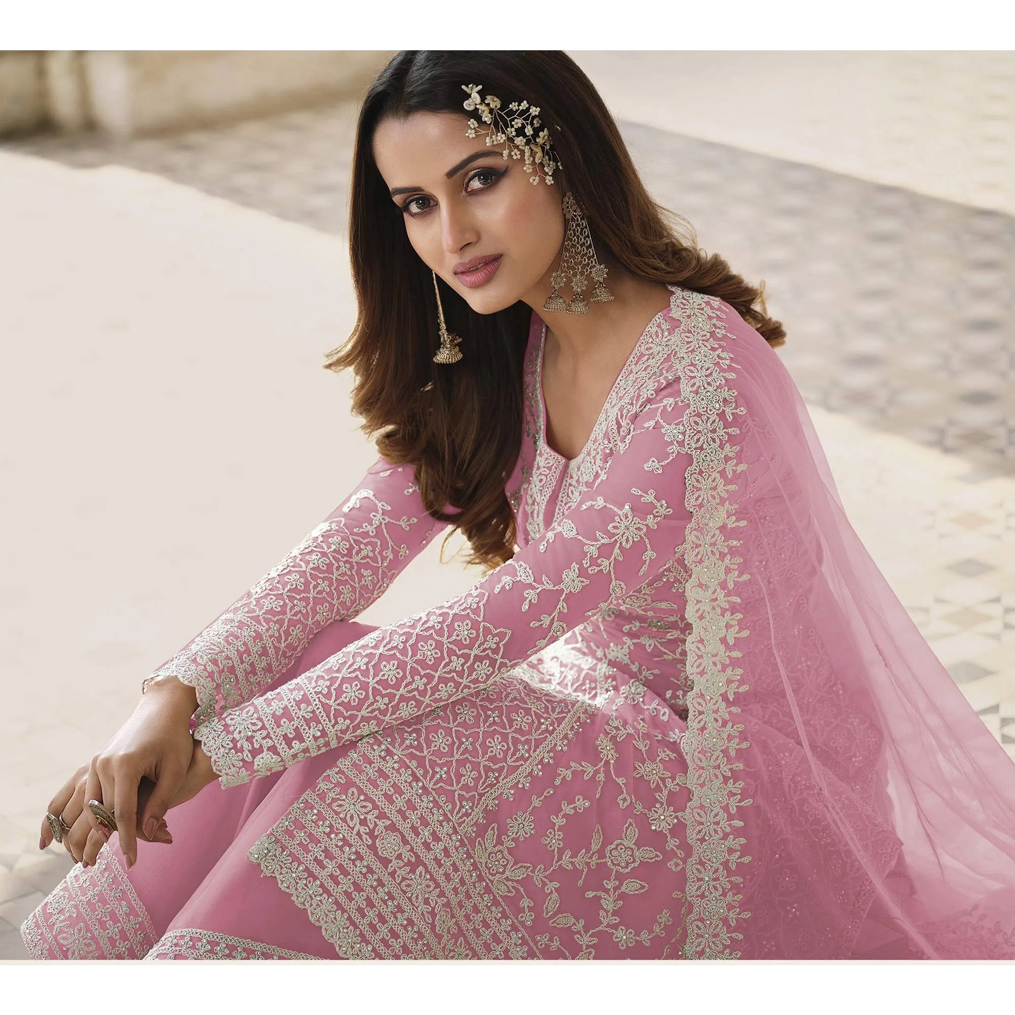 Alluring Light Pink Color Embroidered Net Beautiful Palazzo Suit