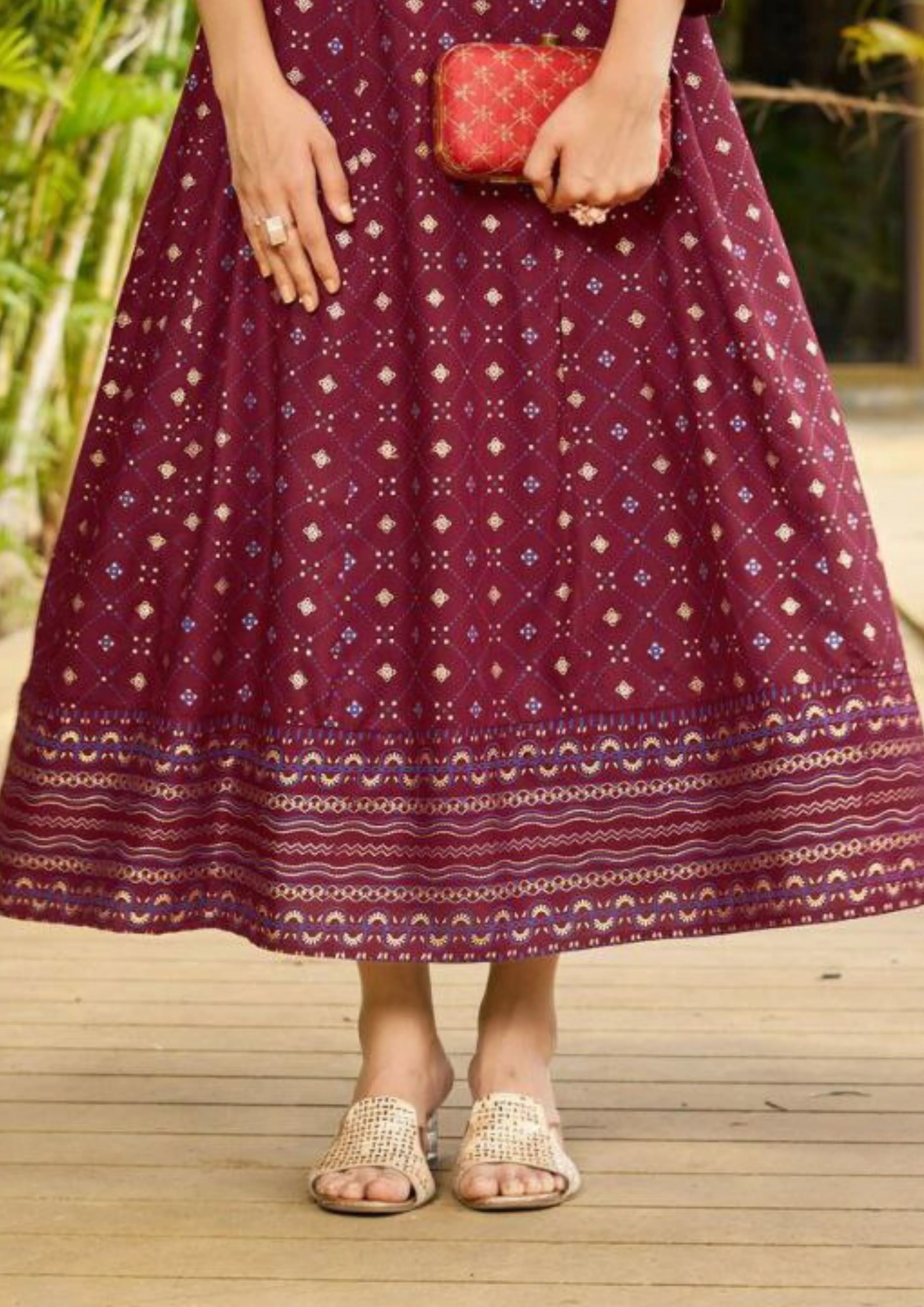 Appealing Maroon Color Rayon Foil Print Anarkali Gown With  Embroidery Work