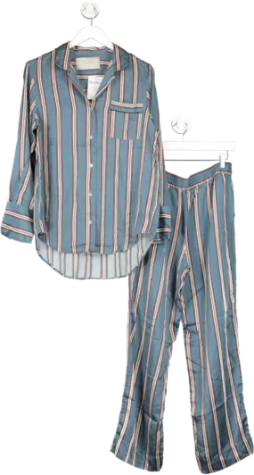 Asceno Grey/Blue Stripe Silk Pyjama Set UK S