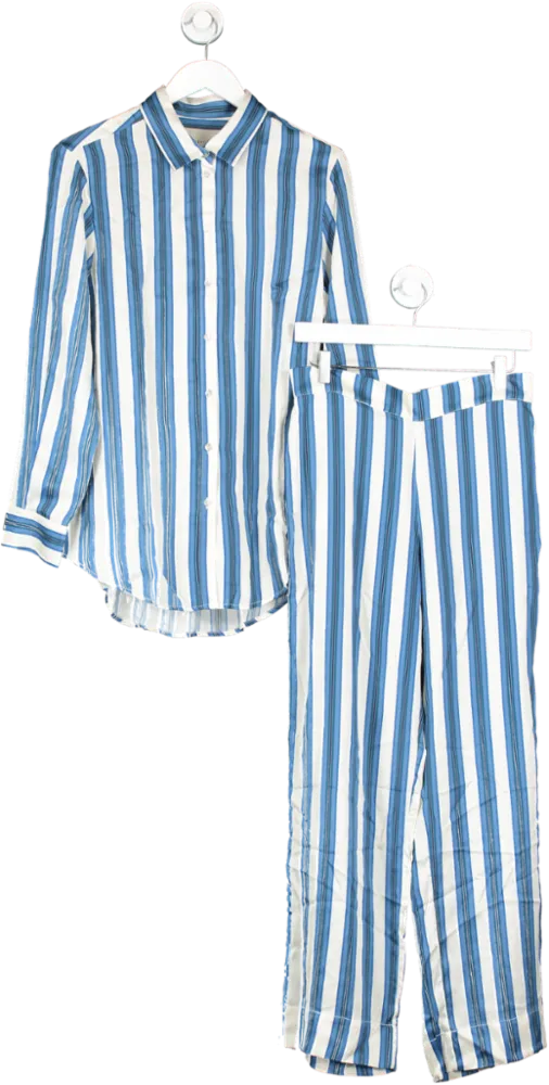 Asceno White / Blue 2 Piece London Striped 100% Silk Pyjama Set UK S