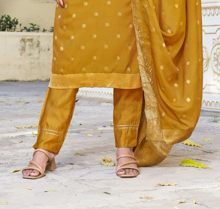 Attractive Mustard Yellow Color Jacquard And Khatli Work Salwar Suits With Fancy Dupatta Set For Women