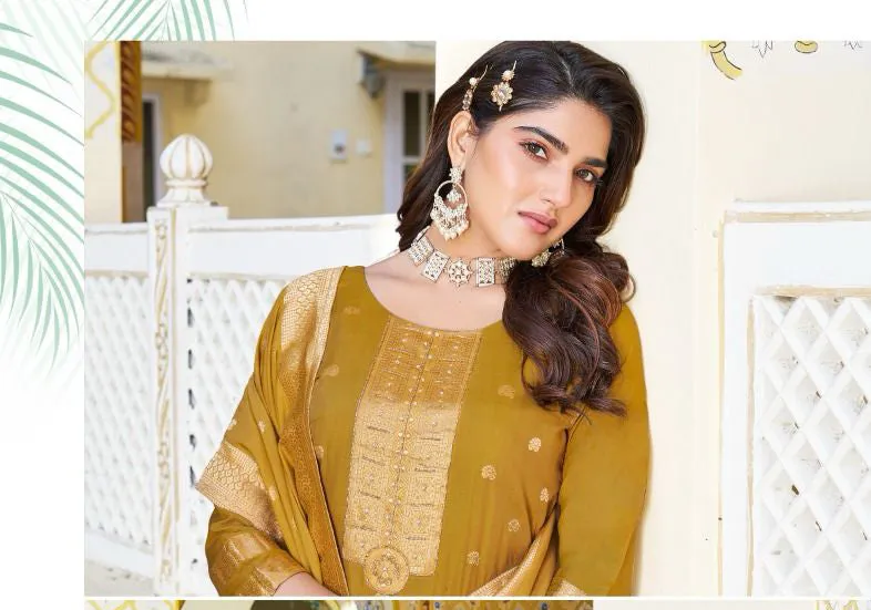 Attractive Mustard Yellow Color Jacquard And Khatli Work Salwar Suits With Fancy Dupatta Set For Women