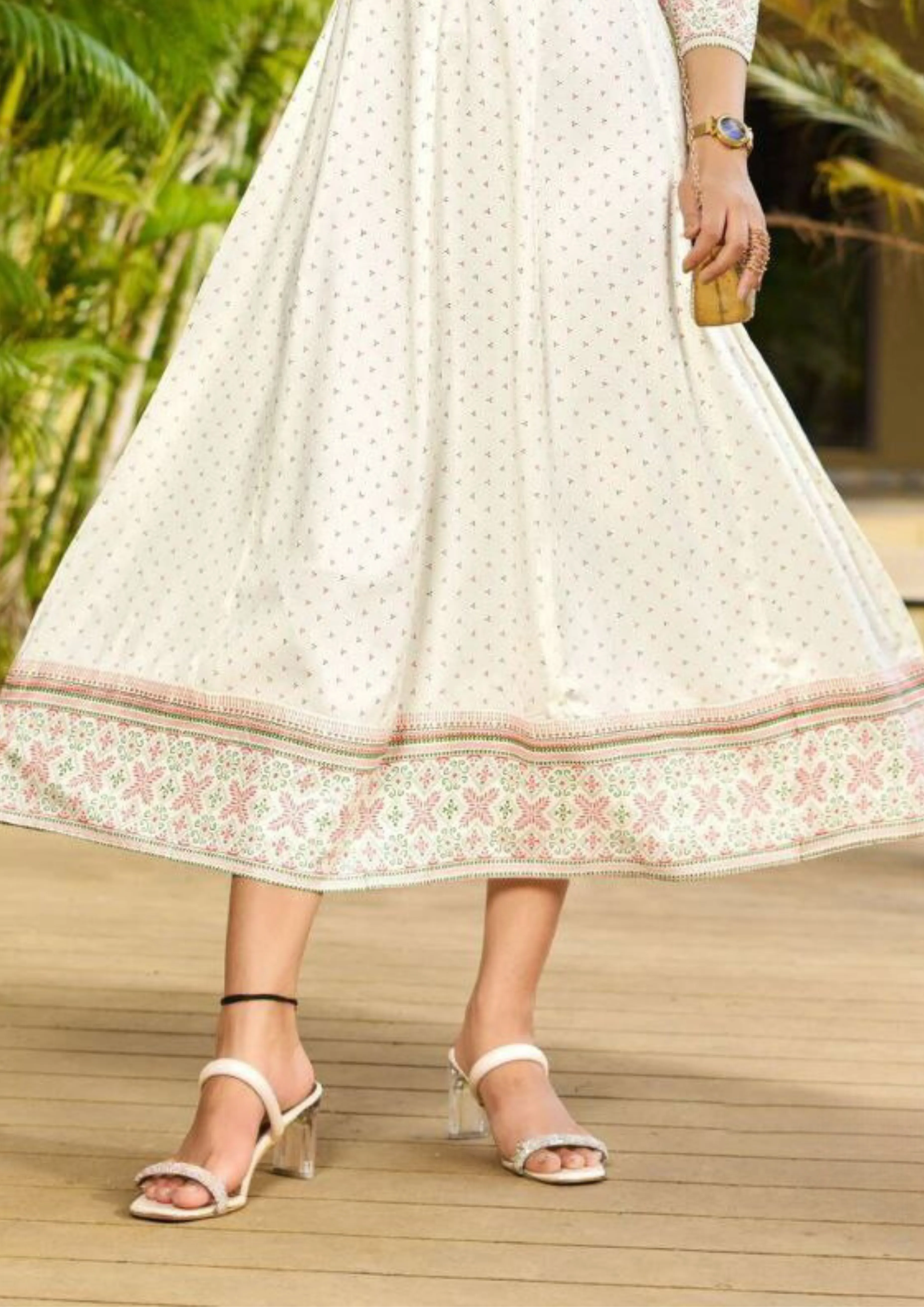 Attractive White Color Rayon Foil Print Anarkali Gown With  Embroidery Work