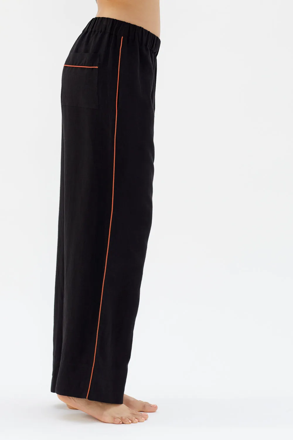 Aubrey Black Linen Pyjama Set with Coral Piping