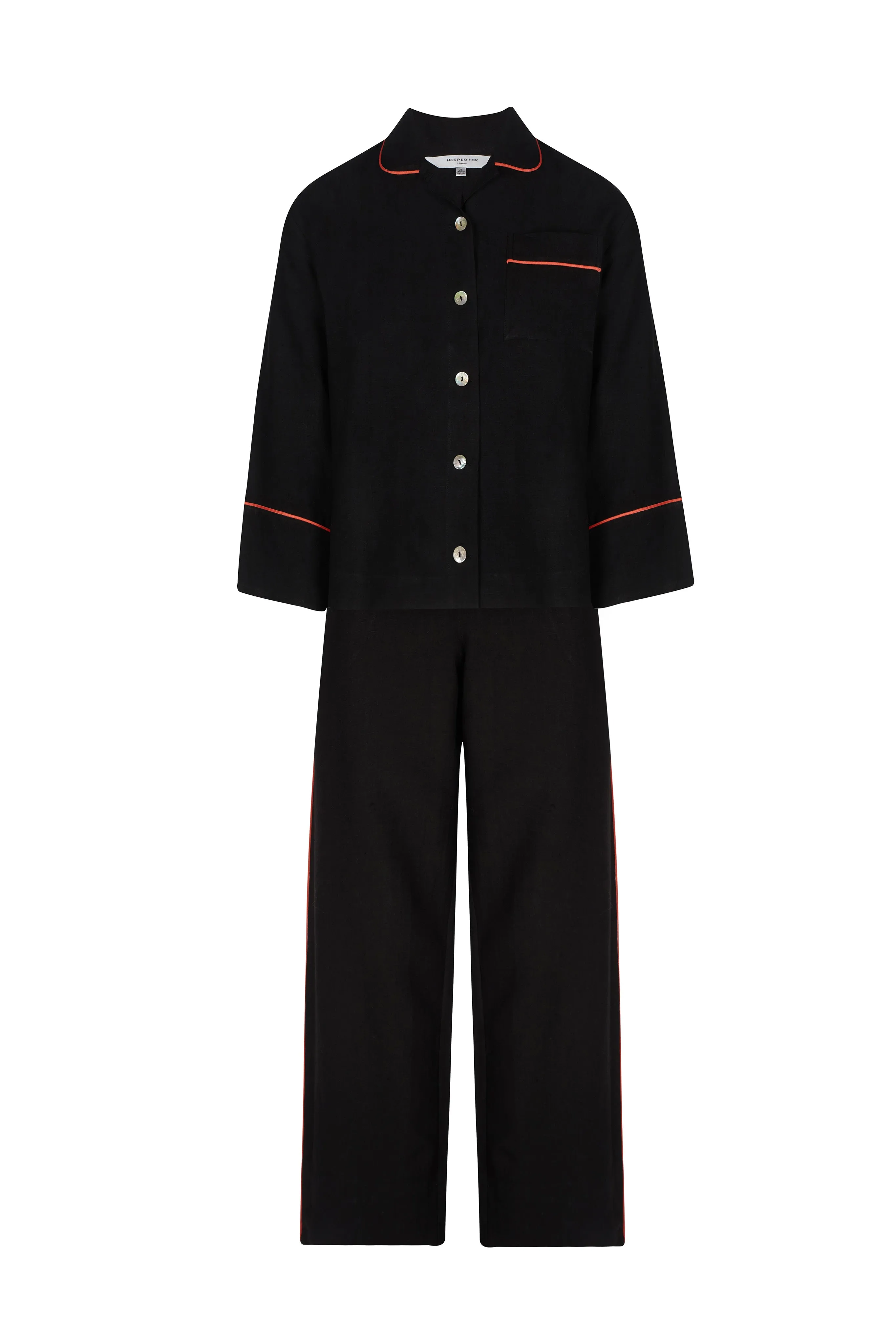 Aubrey Black Linen Pyjama Set with Coral Piping