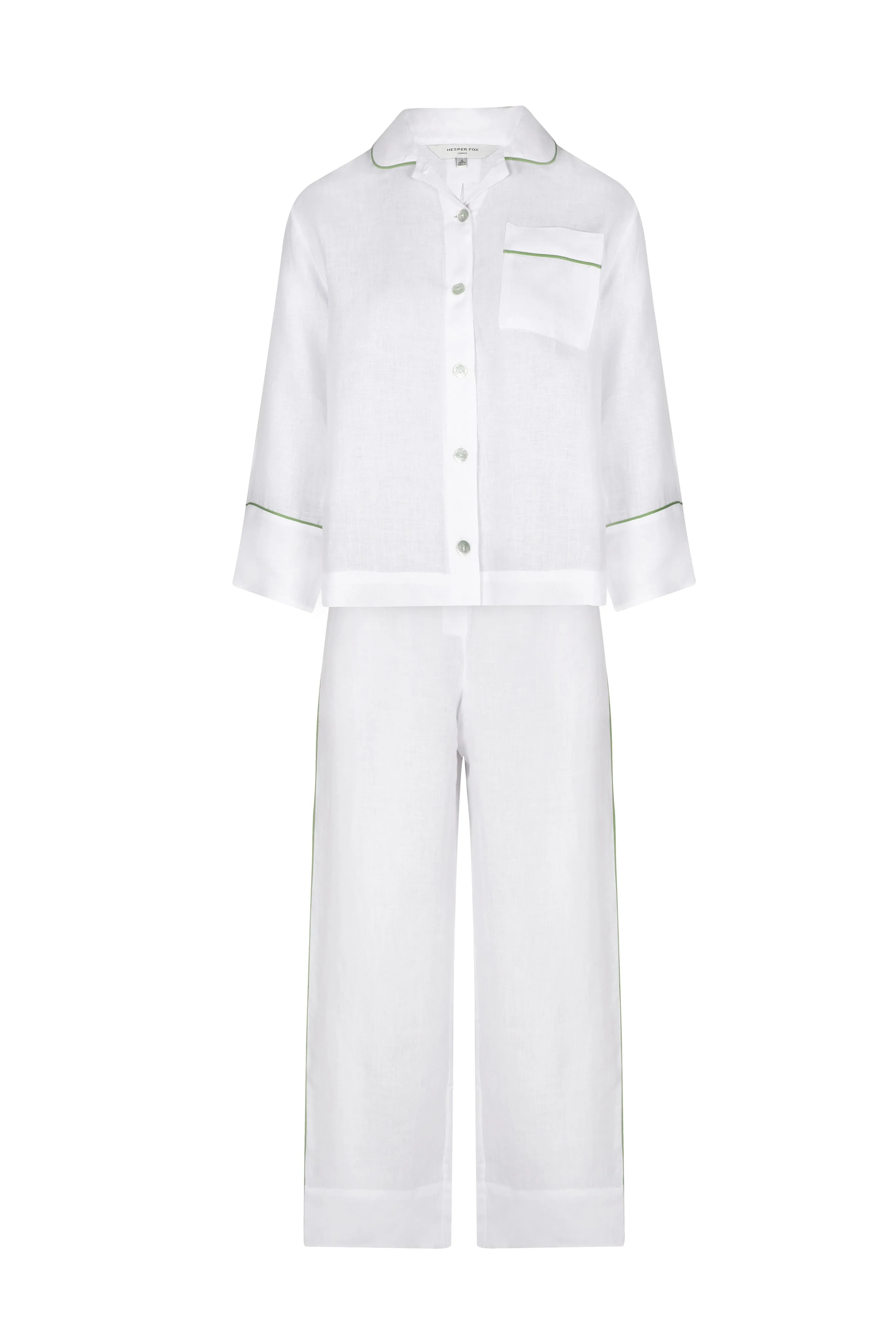 Aubrey White Linen Pyjama Set with Green Piping