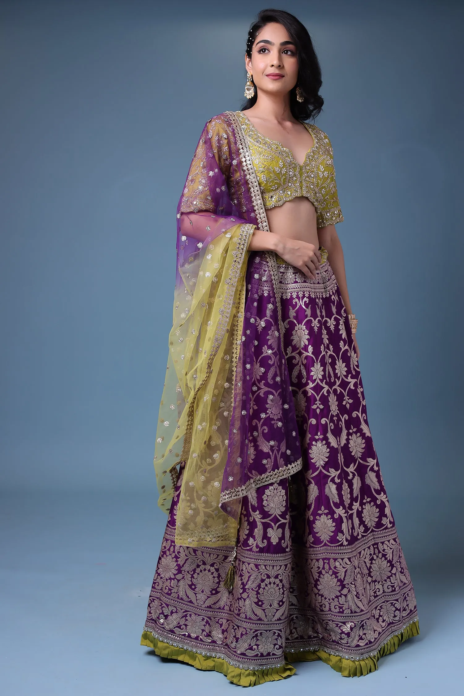 Banarasi Silk Lehenga with Mirror and Pearl work