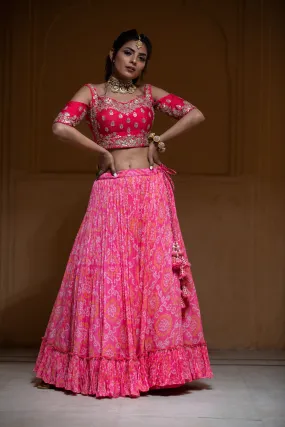 Bandhej Chinon Lehenga with Gota Patti, Zardozi work.