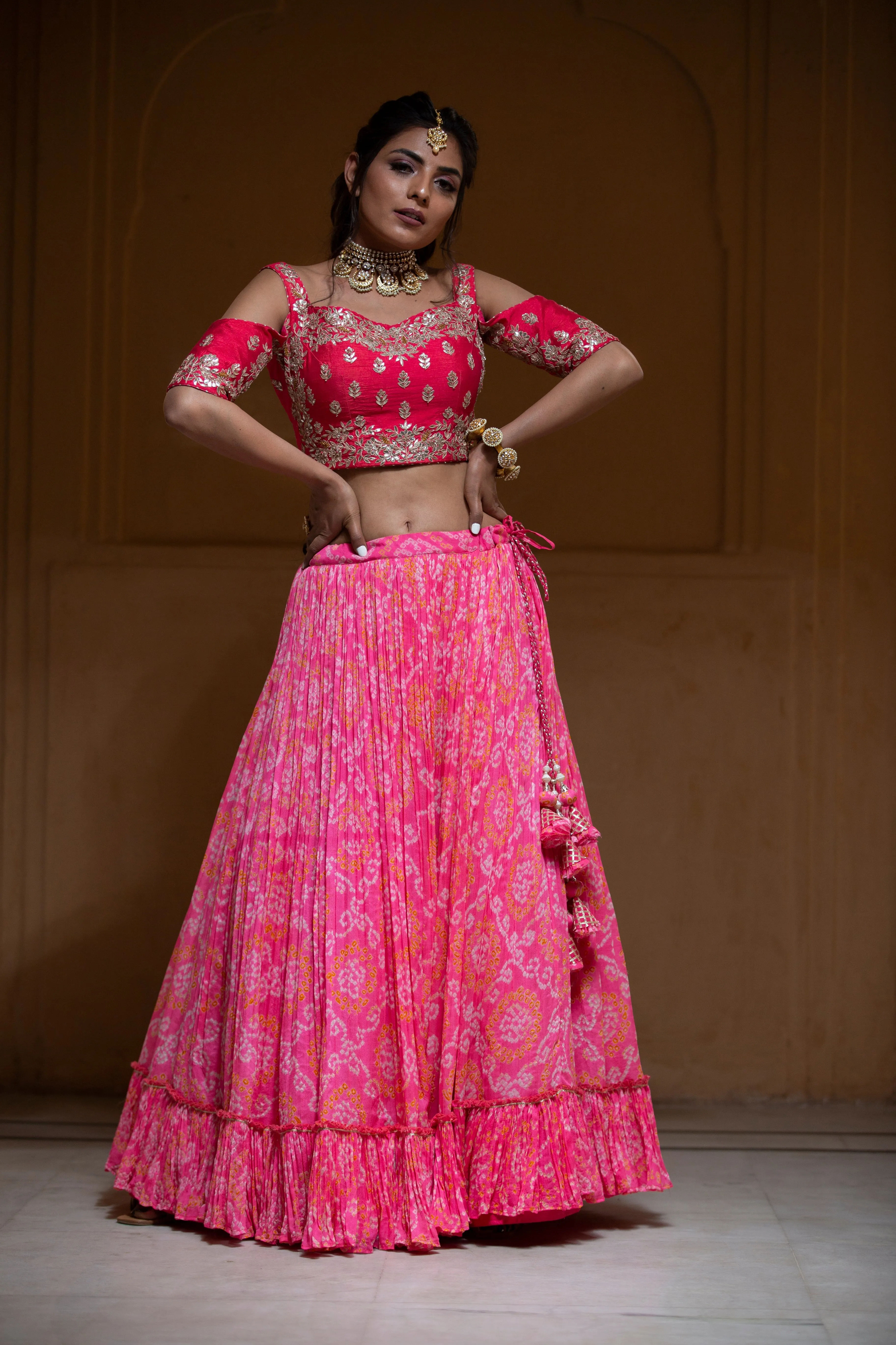 Bandhej Chinon Lehenga with Gota Patti, Zardozi work.