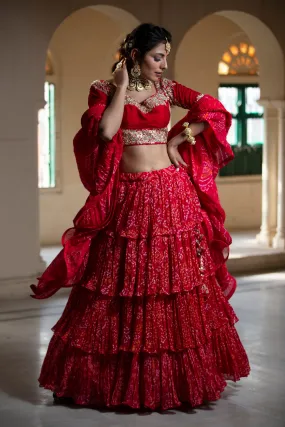 Bandhej Chinon Lehenga with Gota Patti, Zardozi work.