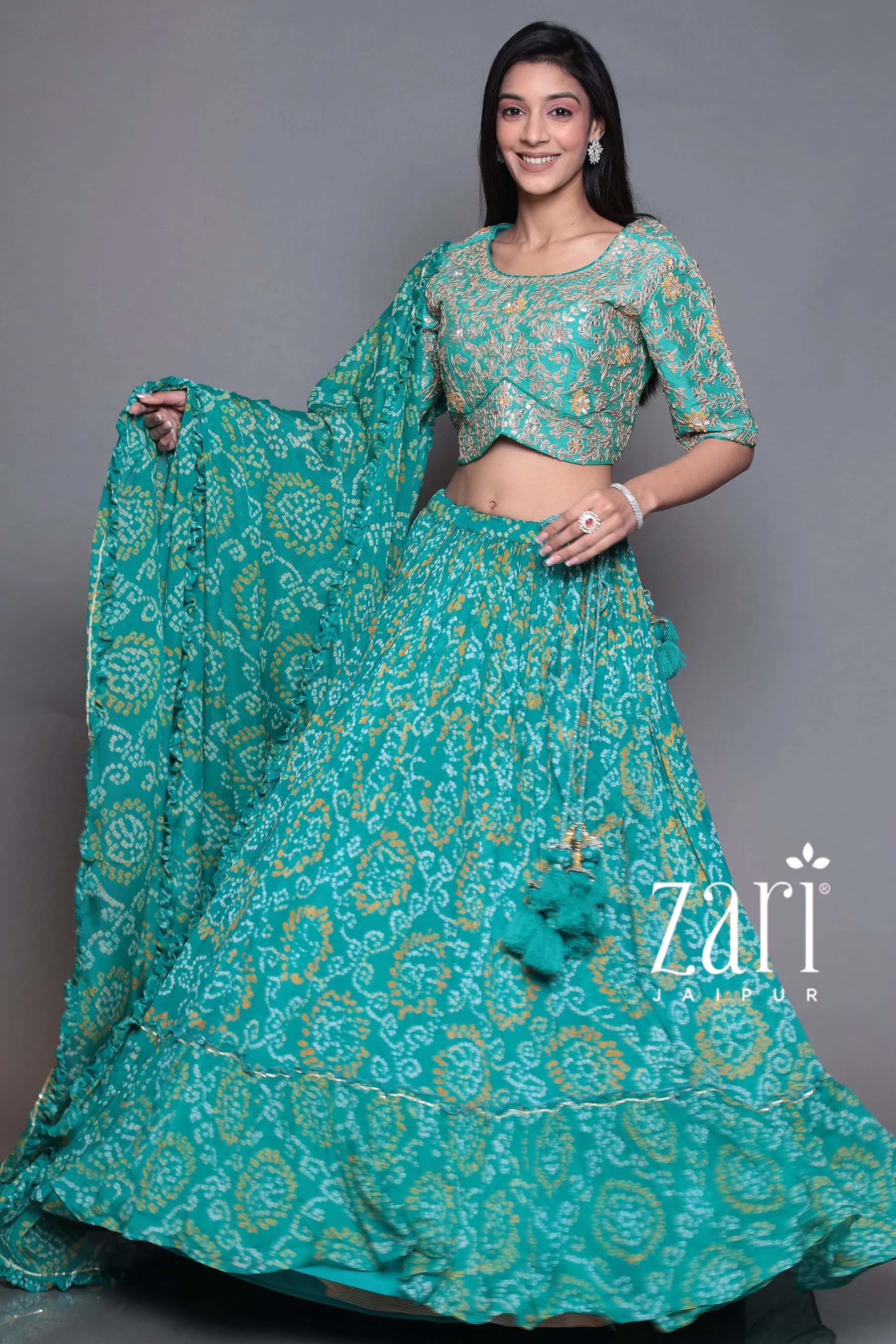 Bandhej Chinon silk  Lehenga with Aari, Gota Patti, Sequins, Thread, Zardozi work.