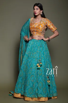 Bandhej Chinon silk Lehenga with Aari, Gota Patti, Sequins, Thread, Zardozi work.