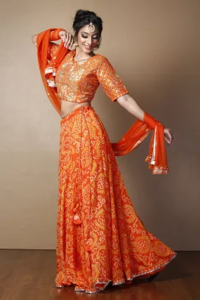 Bandhej Georgette Lehenga in Orange color with Gota Patti, Thread, Zardozi work.