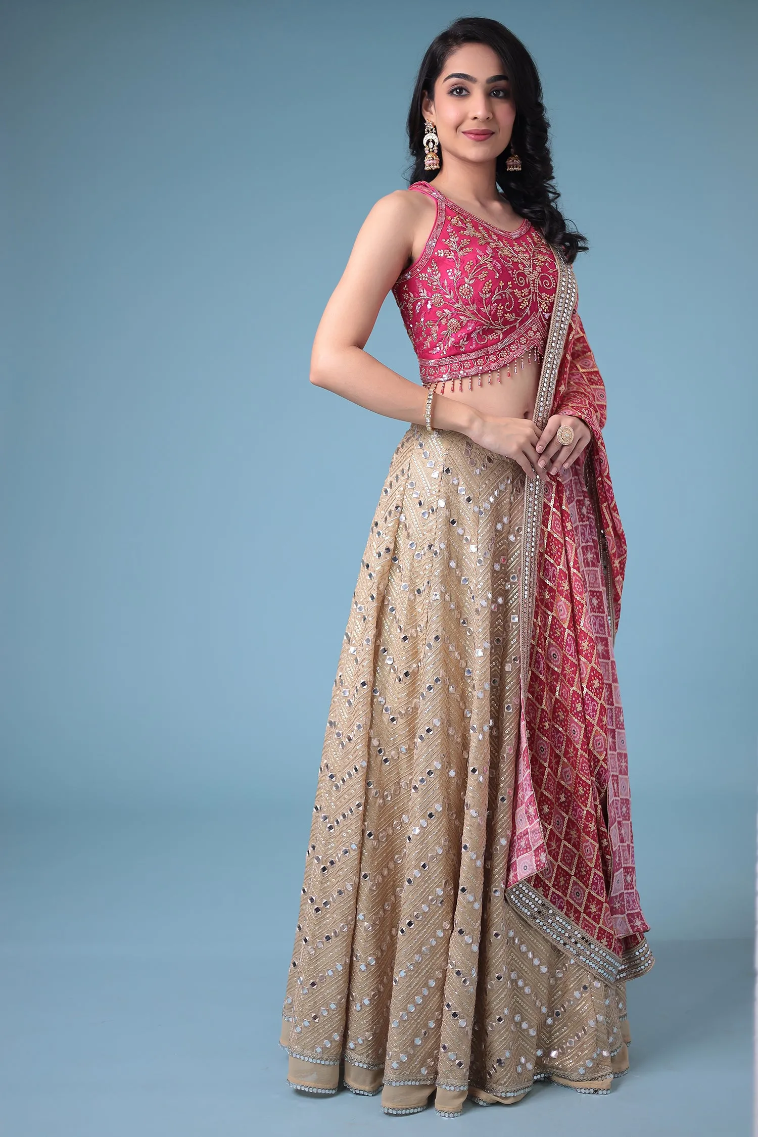 Bandhej Georgette Lehenga with Mirror and Sequins work