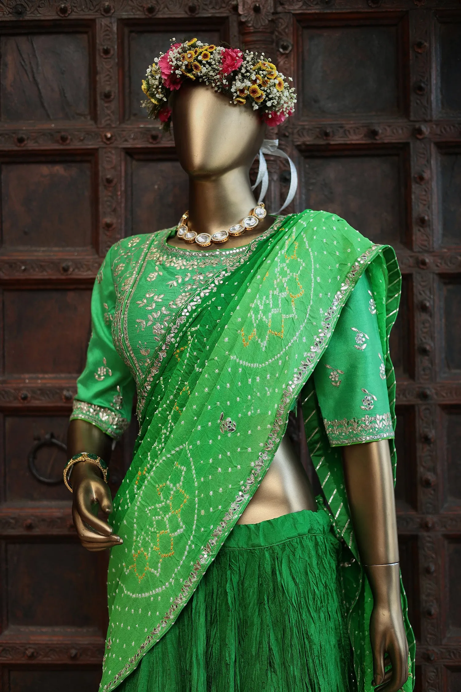 Bandhej Silk Lehenga Embroidered with Aari and Gota Patti work