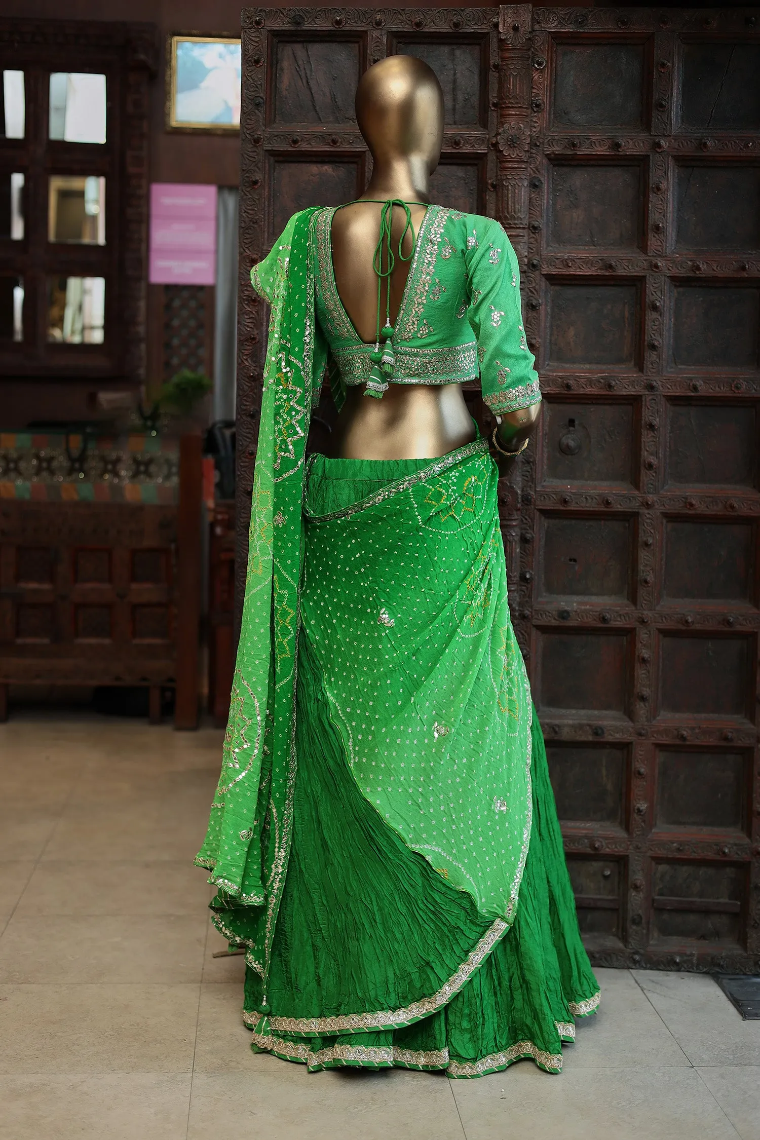 Bandhej Silk Lehenga Embroidered with Aari and Gota Patti work