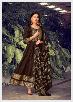 Beautiful Brown Color Fancy Foil Printed Rayon Gowns With Dupatta Collection