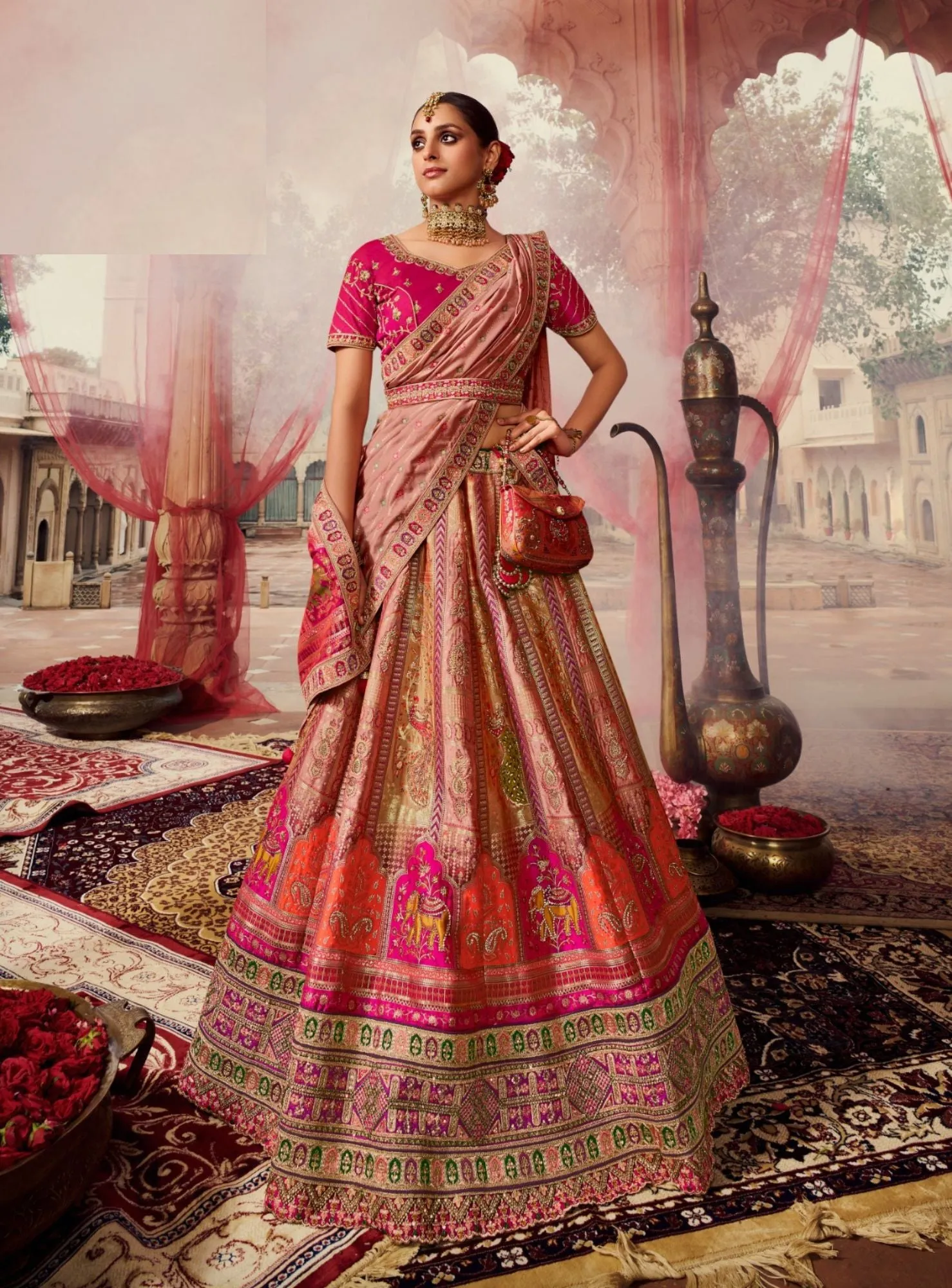 BEAUTIFUL ROYAL PINK AND PEACH LEHENGA SET - RENT