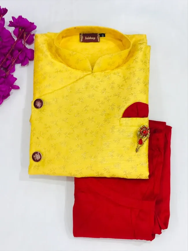 Beautiful Yellow Color Embroidered Kurta Dhoti Style Pant With Brooch Pin