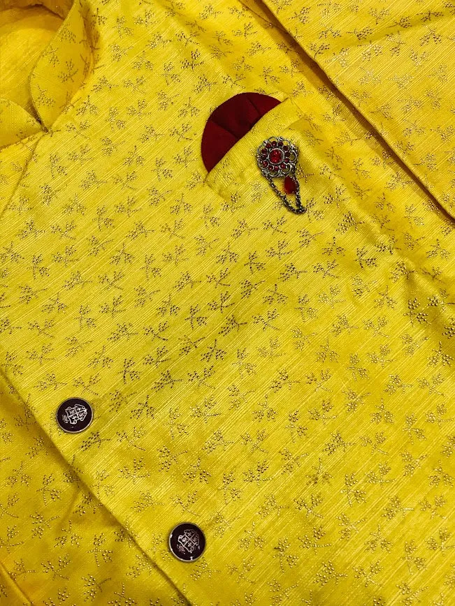 Beautiful Yellow Color Embroidered Kurta Dhoti Style Pant With Brooch Pin