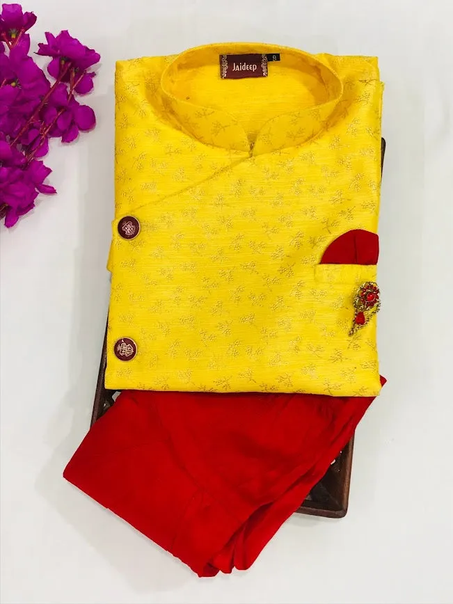 Beautiful Yellow Color Embroidered Kurta Dhoti Style Pant With Brooch Pin