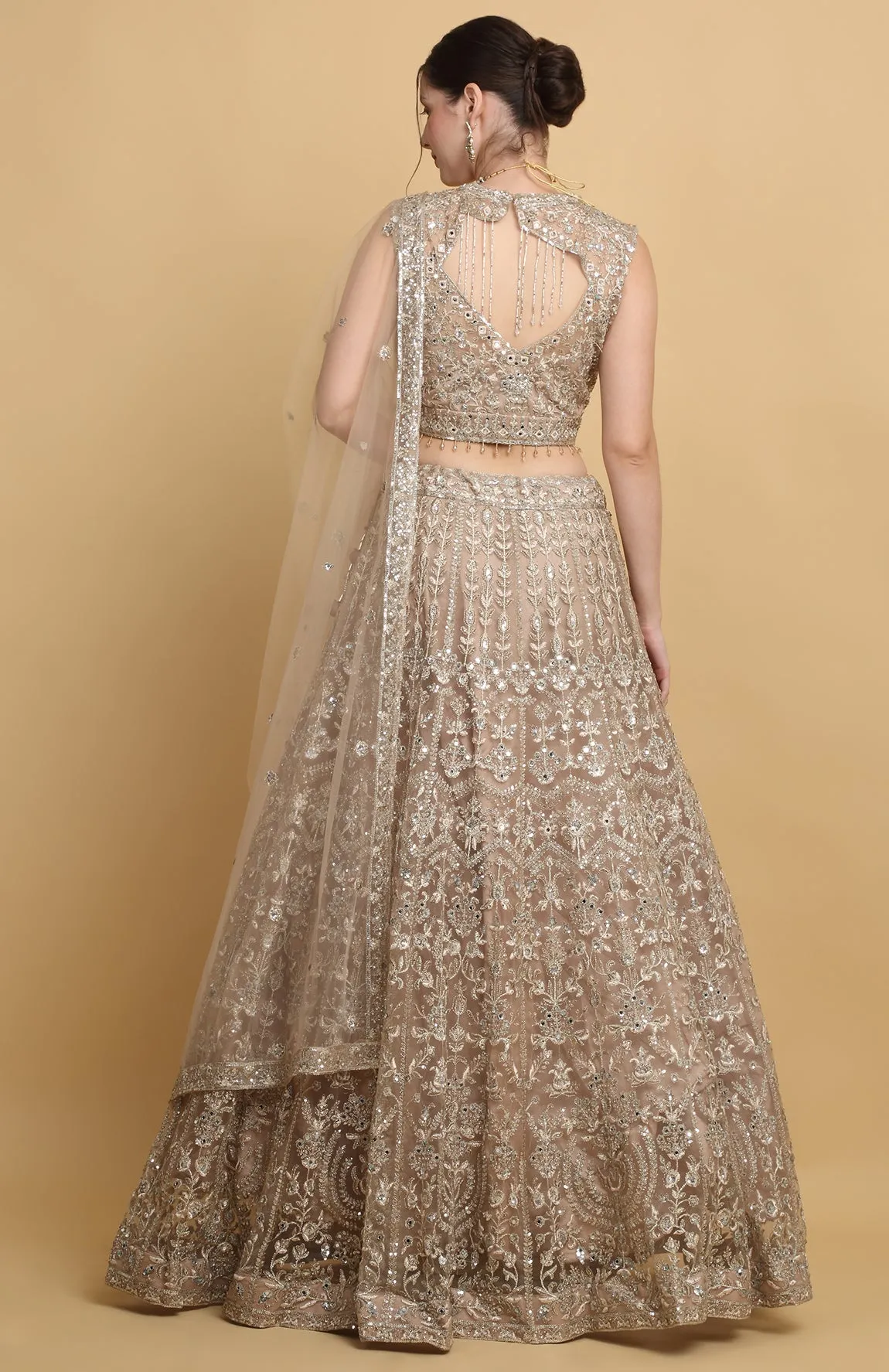 Beige Net Embroidered Floral Leaf Neck Swanidhya Bridal Lehenga Set - Rent