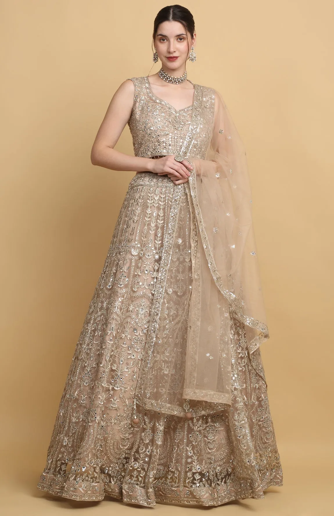 Beige Net Embroidered Floral Leaf Neck Swanidhya Bridal Lehenga Set - Rent