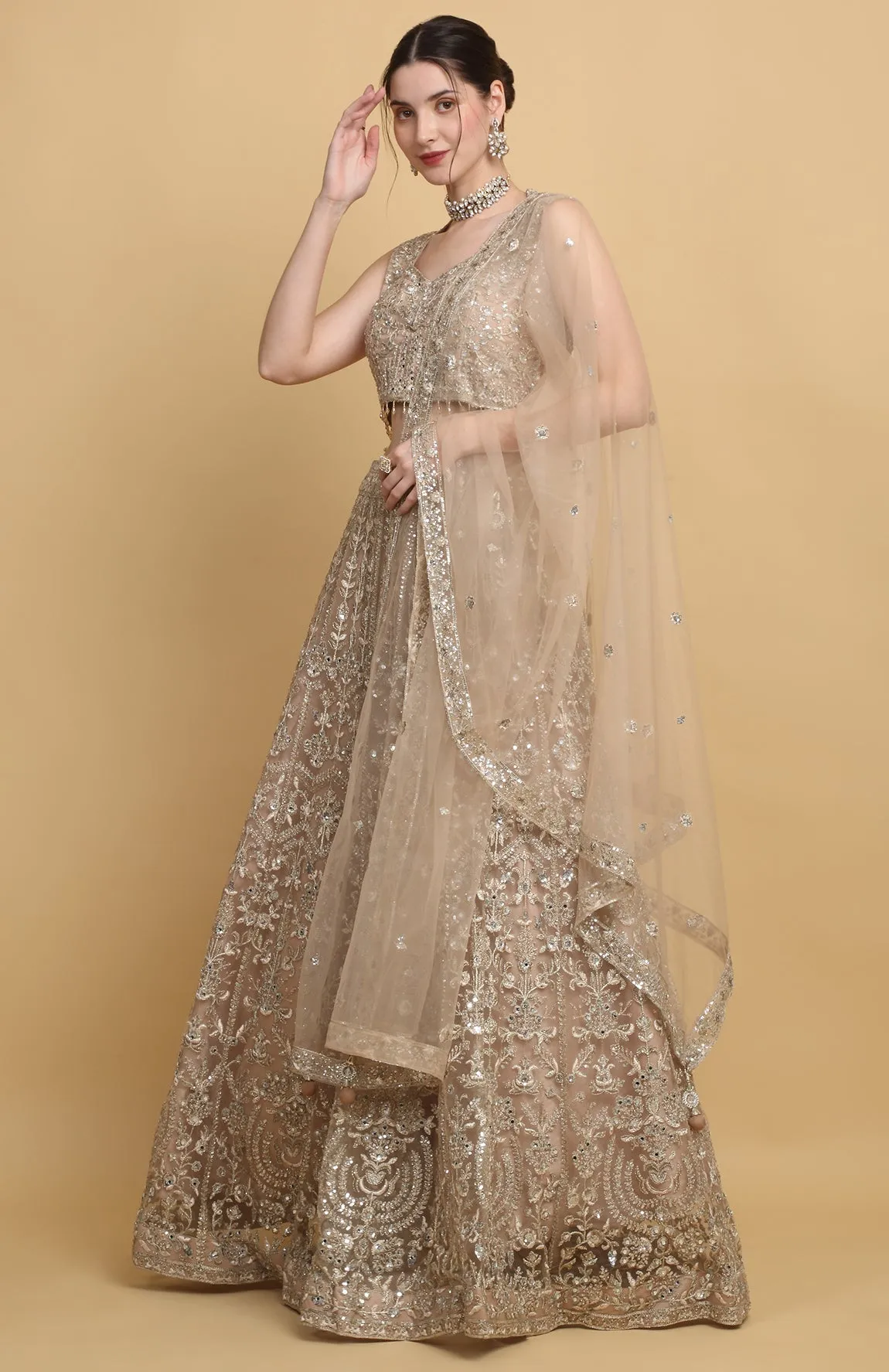 Beige Net Embroidered Floral Leaf Neck Swanidhya Bridal Lehenga Set - Rent