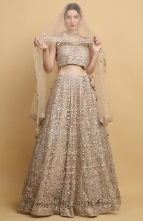 Beige Net Embroidered Floral Leaf Neck Swanidhya Bridal Lehenga Set - Rent