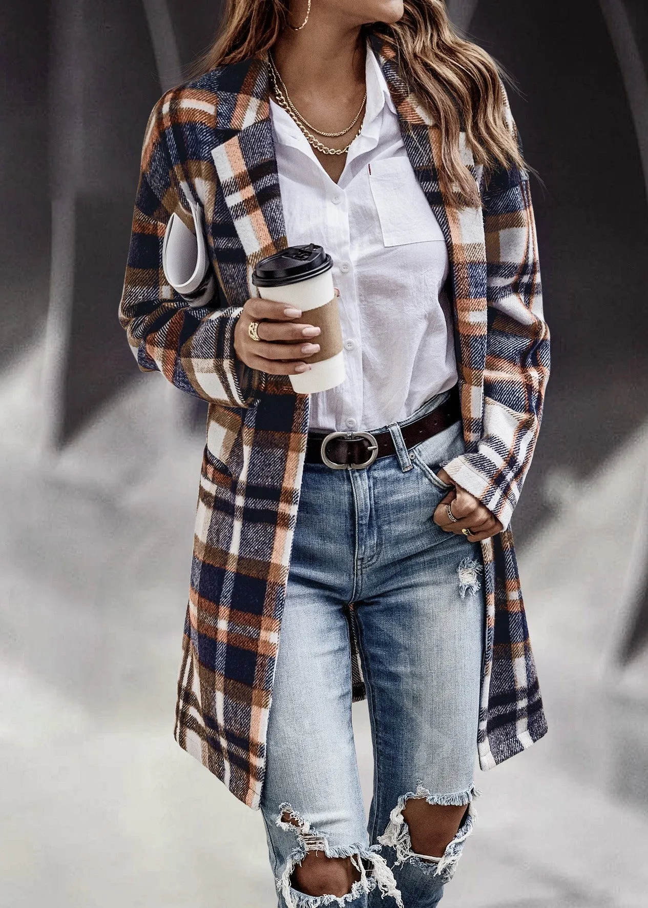 Bend Down Collar Long Sleeve Plaid Open Front Long Cardigan