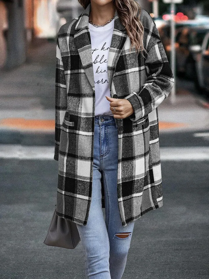 Bend Down Collar Long Sleeve Plaid Open Front Long Cardigan