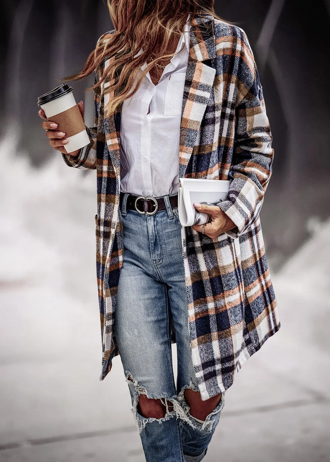 Bend Down Collar Long Sleeve Plaid Open Front Long Cardigan