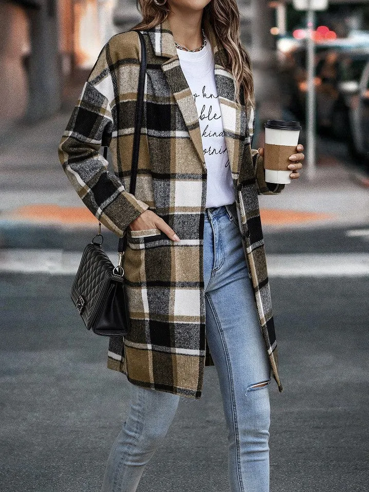 Bend Down Collar Long Sleeve Plaid Open Front Long Cardigan