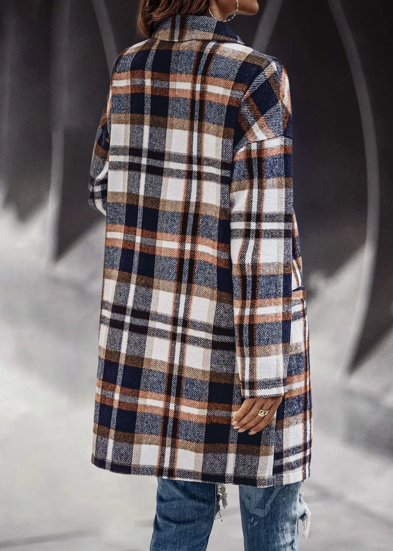 Bend Down Collar Long Sleeve Plaid Open Front Long Cardigan