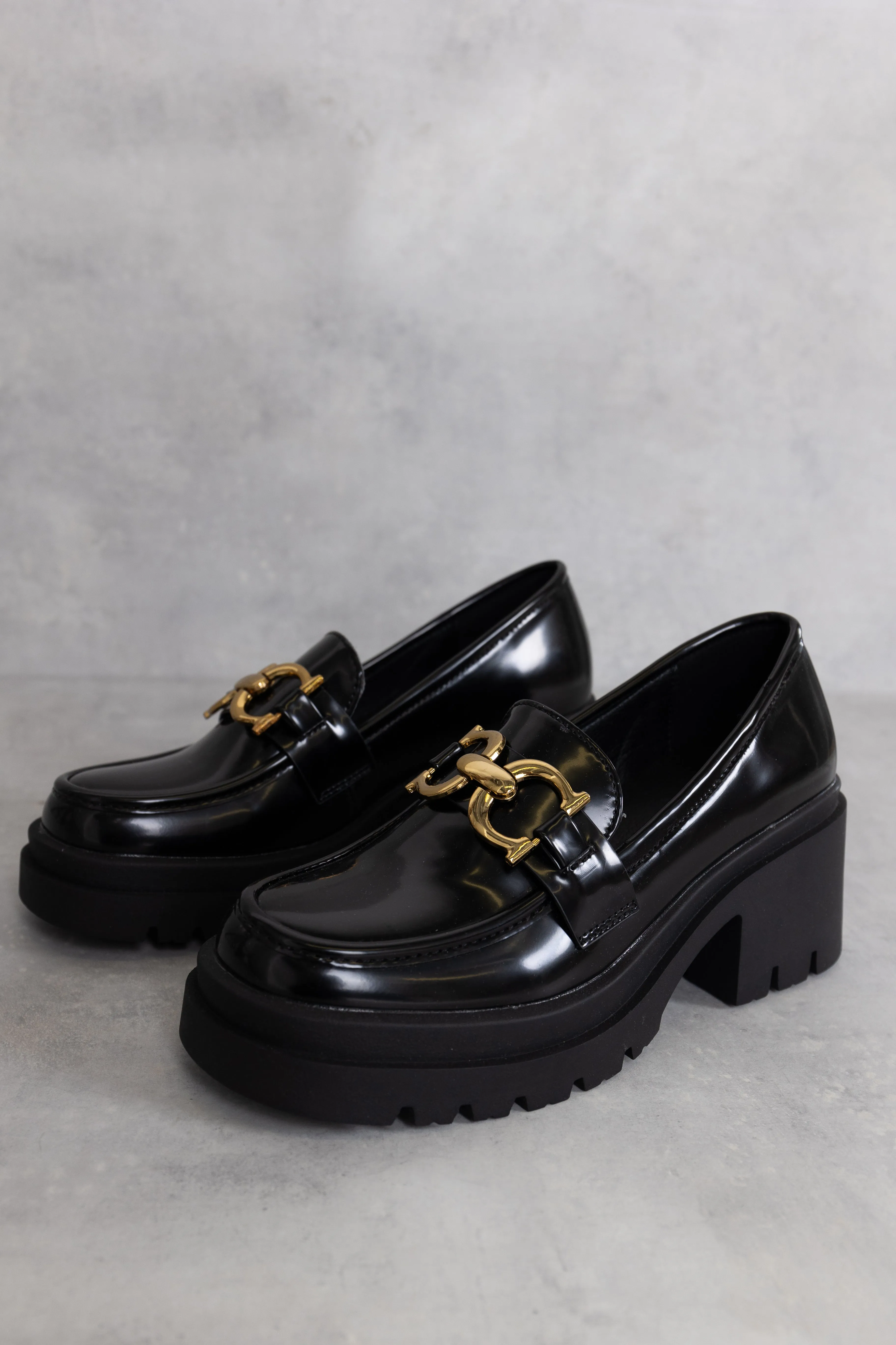 Black Chunky Buckle Mid Heeled Loafers