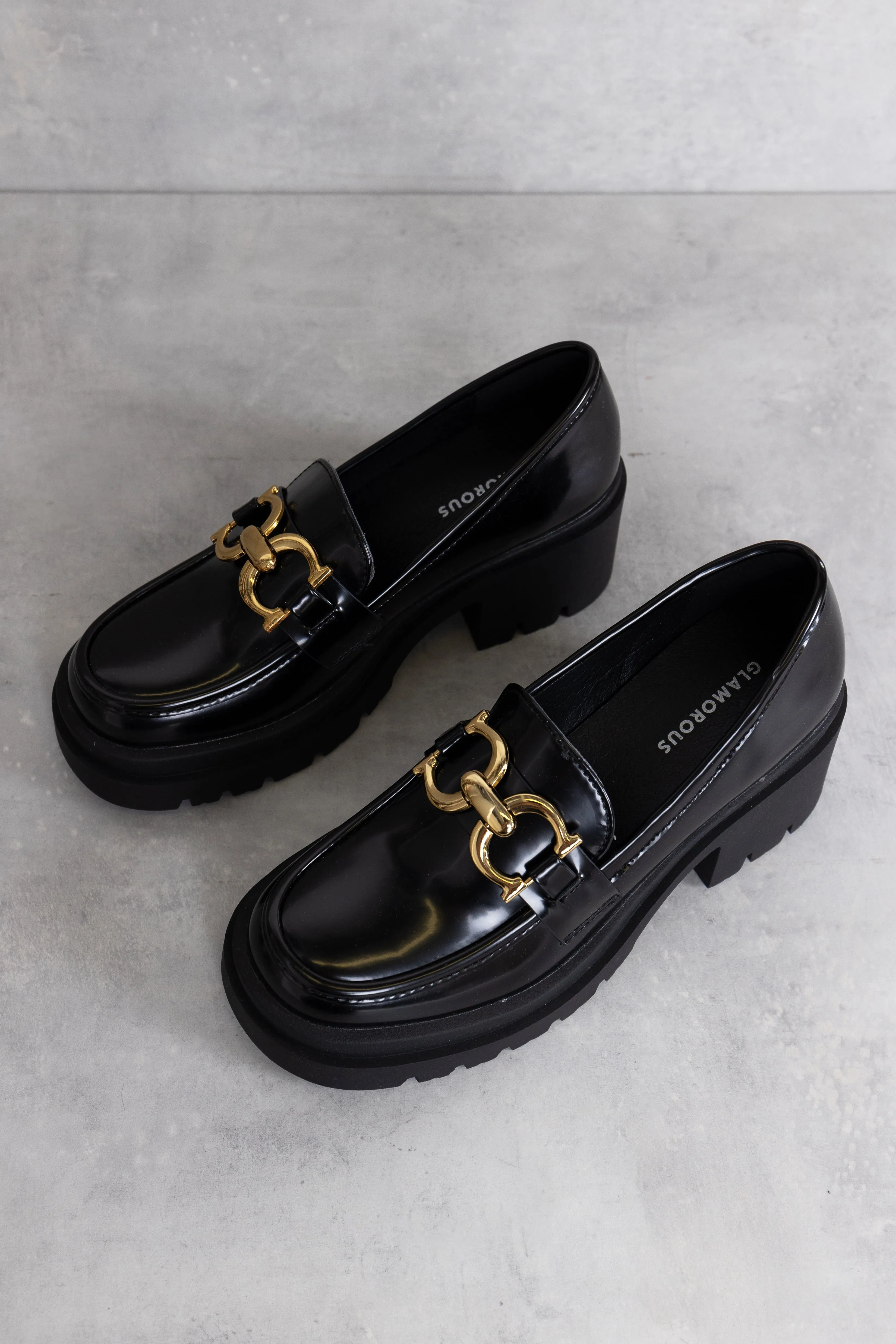 Black Chunky Buckle Mid Heeled Loafers