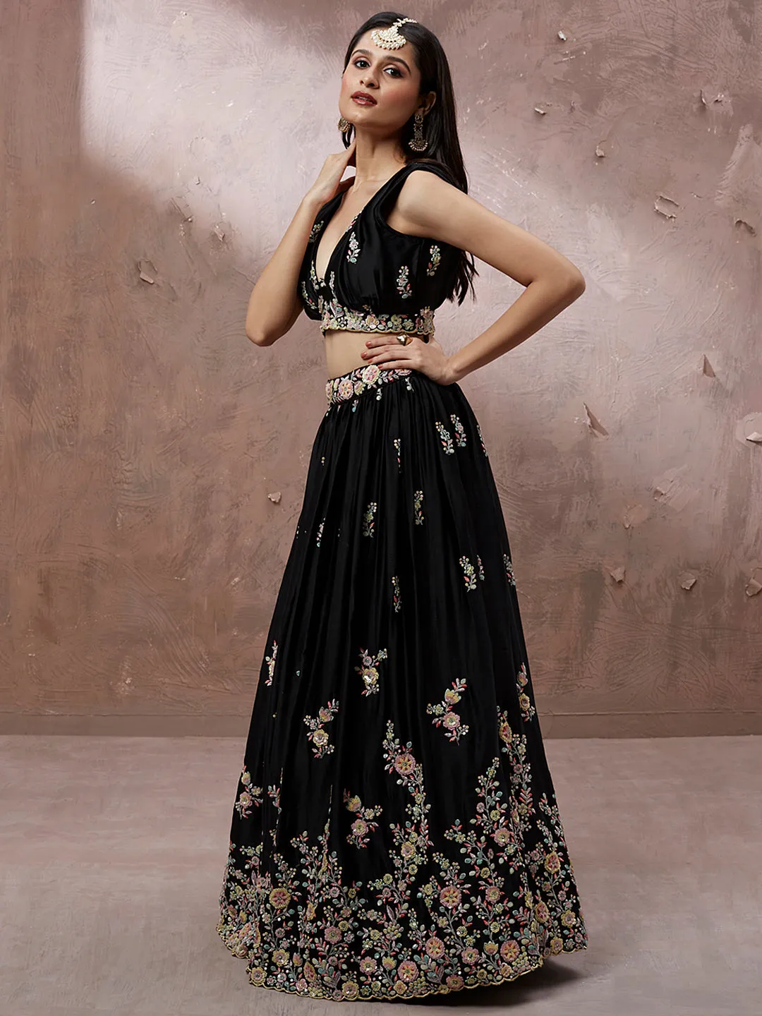 BLACK ELEGANT DESIGNER LEHENGA CHOLI SET - RENT