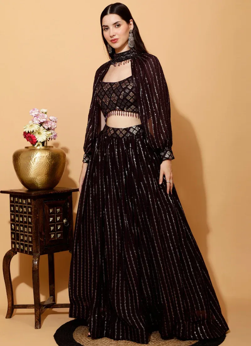 Black Sequence Work  Georgette Wine Crop Top Skirt With Choker Sleeves - Rent