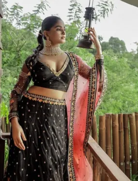 Black Spotted Lehenga  With Baby Pink Dupatta set- Rent