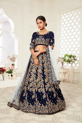 Blue Color Velvet Embroidery Lehenga - Rent