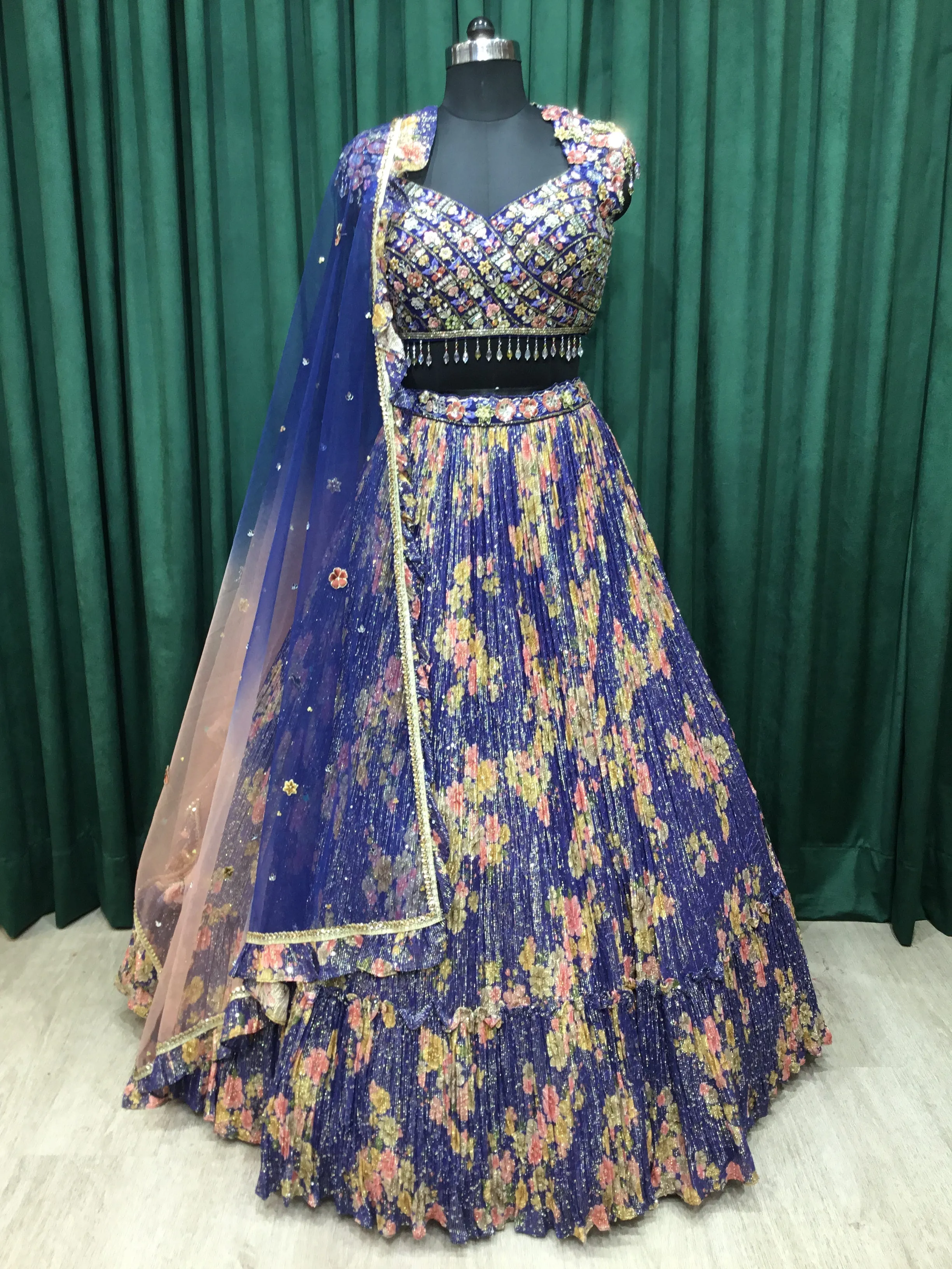 Blue Georgette Lehengas With Sequins and Japanese Cut Dana Work