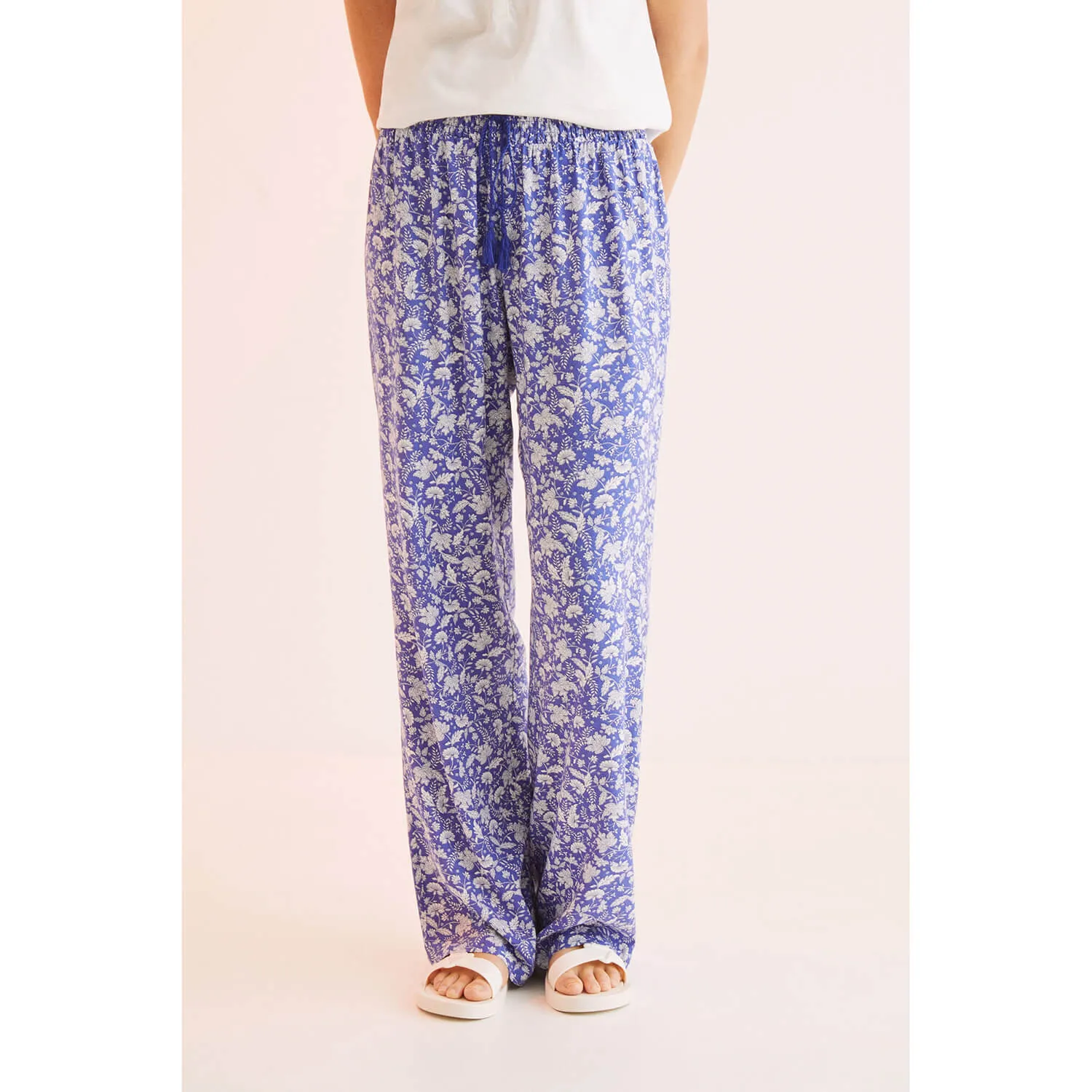 Blue Printed 100% Cotton Trousers - Blue