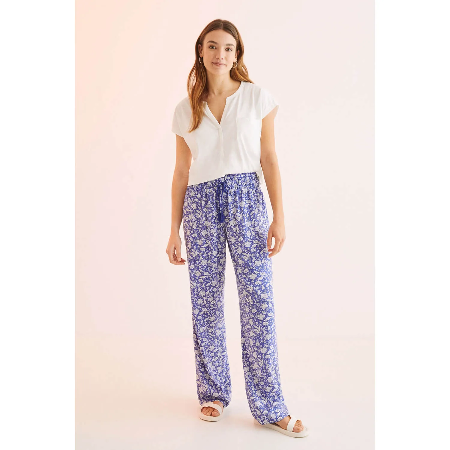 Blue Printed 100% Cotton Trousers - Blue