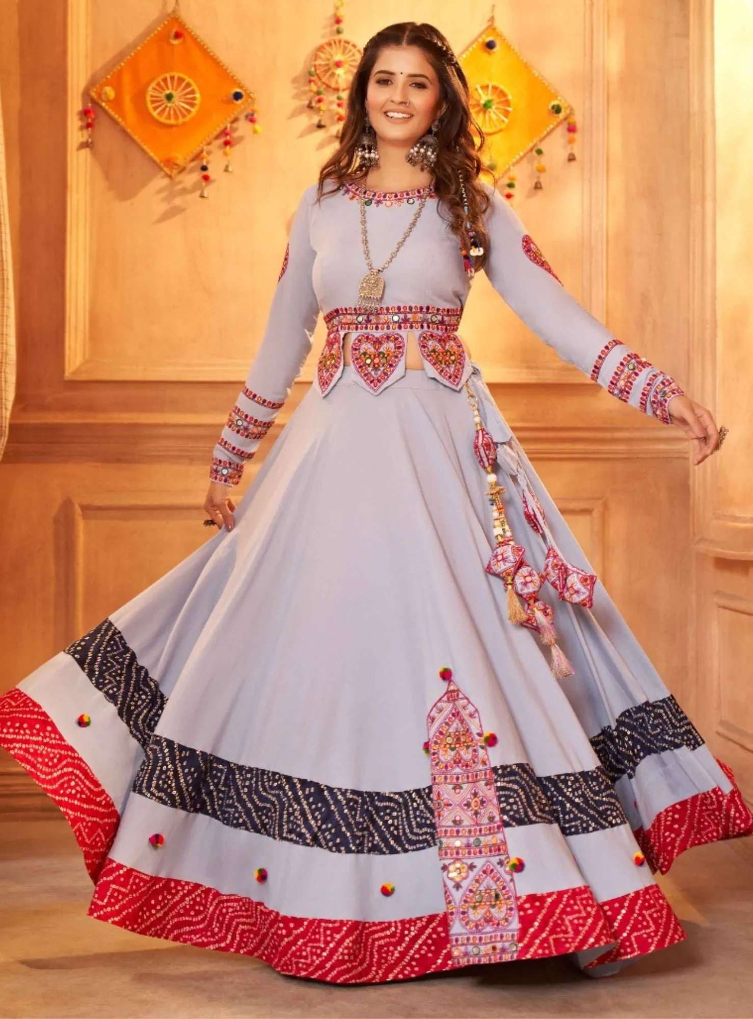 BLUISH GREY STYLISH NAVRATRI LEHENGA CHOLI SET - RENT