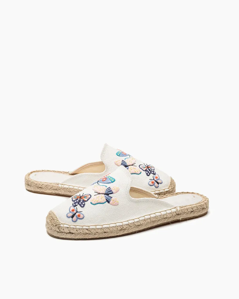 Butterfly Pattern Embroidered Espadrille Flat Mules