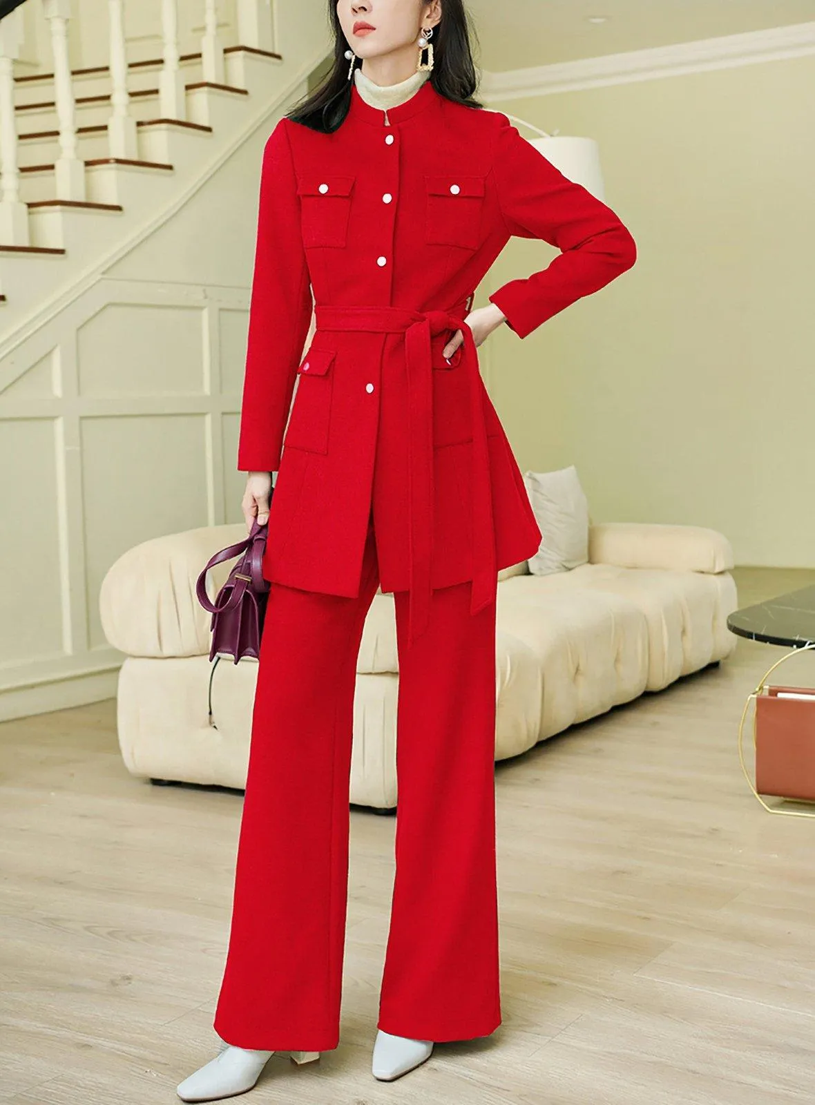 Carol Wool Blend Collarless Belted Jacket & Pant Set