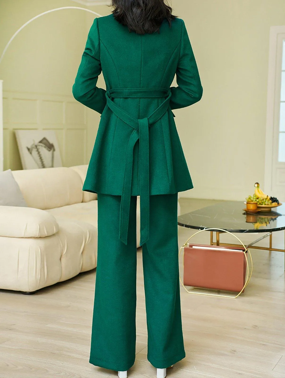 Carol Wool Blend Collarless Belted Jacket & Pant Set